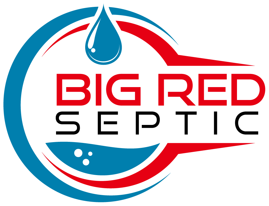 A logo featuring the words "BIG RED" in bold red letters inside a circular design with a blue water droplet at the top and blue waves with bubbles at the bottom, accented by curved red and blue lines.