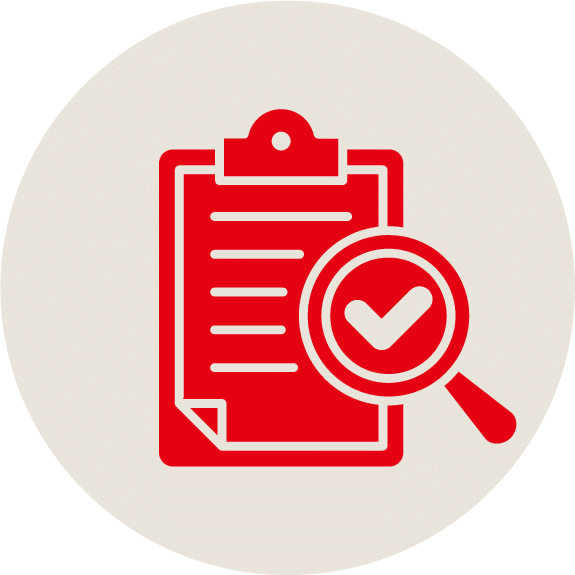 Red clipboard with paper icon displayed on a light beige circle, featuring a magnifying glass holding a checkmark over the lower right corner of the clipboard.