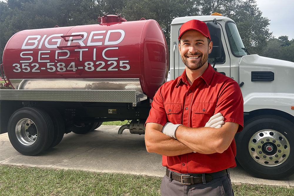 A smiling man in a red uniform and cap stands with arms crossed in front of a white truck with a large red septic tank labeled "BIG RED SEPTIC" and a phone number on its side. Trees and grass are in the background.