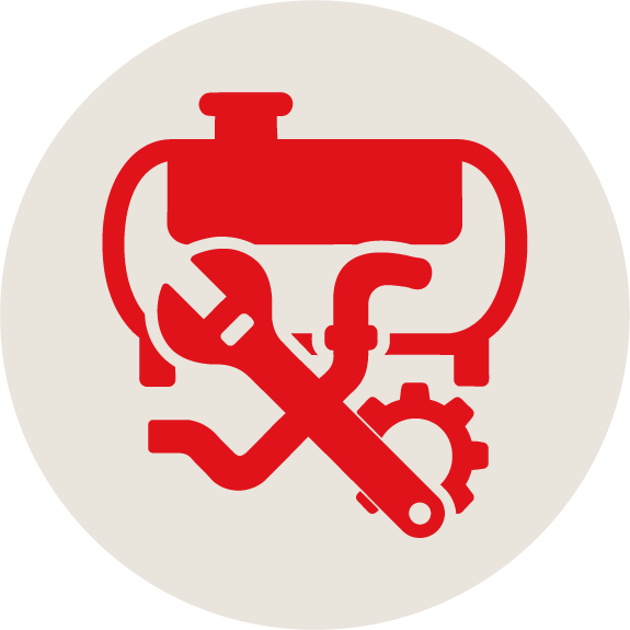 A red icon of a septic tank, wrench, and pipe with a gear in the background, representing plumbing or mechanical maintenance, on a light gray circular background.