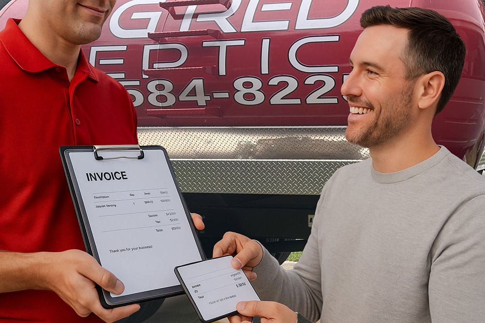 A smiling man hands a credit card to a worker in a red shirt holding an invoice on a clipboard, standing in front of a septic service truck with a phone number visible.