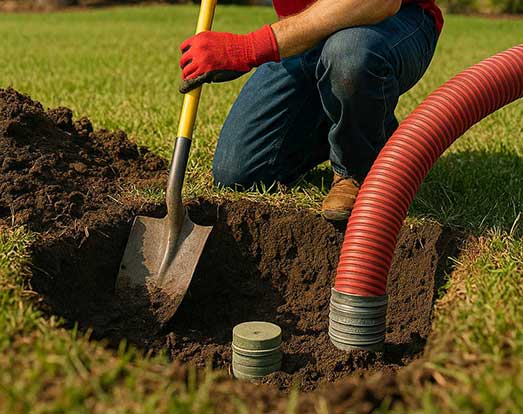 A person wearing red gloves and jeans uses a shovel to dig in soil, exposing two capped pipes and a large red hose in a grassy area.
