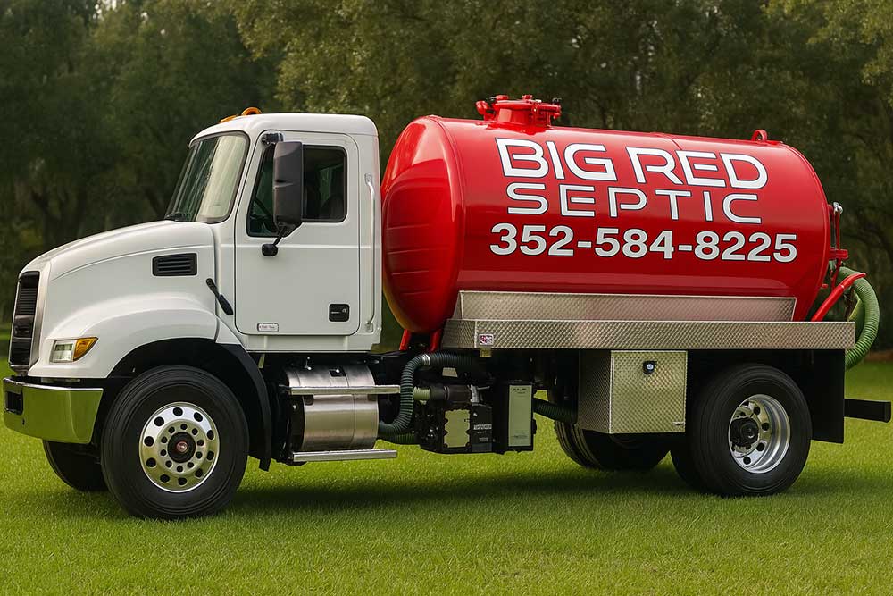 A white and red vacuum truck labeled "BIG RED SEPTIC" with a phone number is parked on grass, surrounded by trees in the background.
